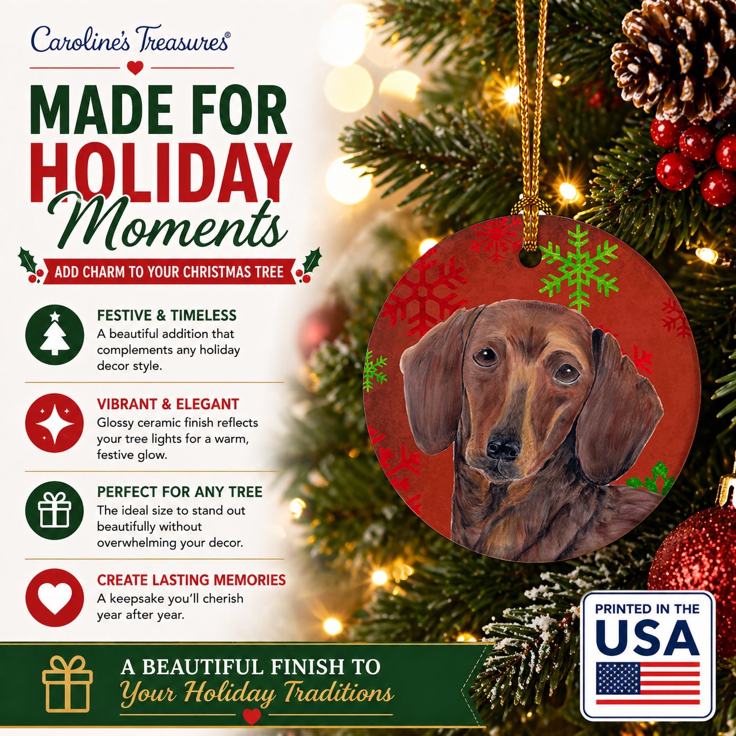 Dachshund Red and Green Snowflakes Holiday Christmas Ceramic Ornament Christmas Tree Hanging Decorations for Home Christmas Holiday, Party, Gift, 3 in, Multicolor