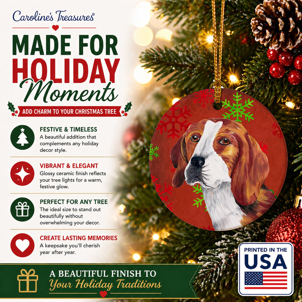 Beagle Red and Green Snowflakes Holiday Christmas Ceramic Ornament Christmas Tree Hanging Decorations for Home Christmas Holiday, Party, Gift, 3 in, Multicolor