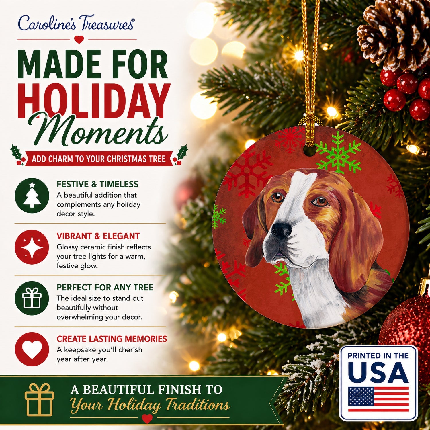 Beagle Red and Green Snowflakes Holiday Christmas Ceramic Ornament Christmas Tree Hanging Decorations for Home Christmas Holiday, Party, Gift, 3 in, Multicolor