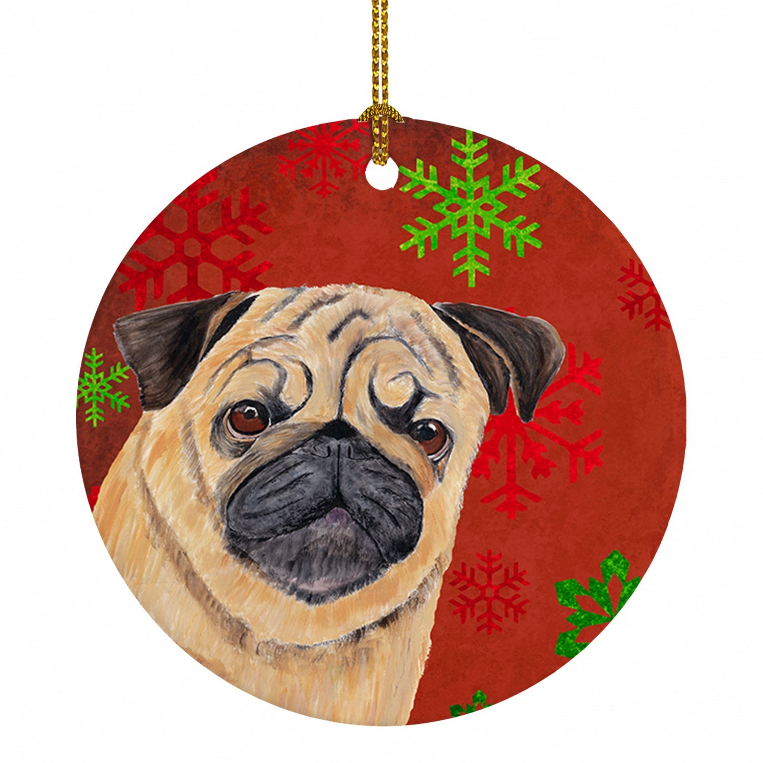 Pug Red and Green Snowflakes Holiday Christmas Ceramic Ornament Christmas Tree Hanging Decorations for Home Christmas Holiday, Party, Gift, 3 in, Multicolor