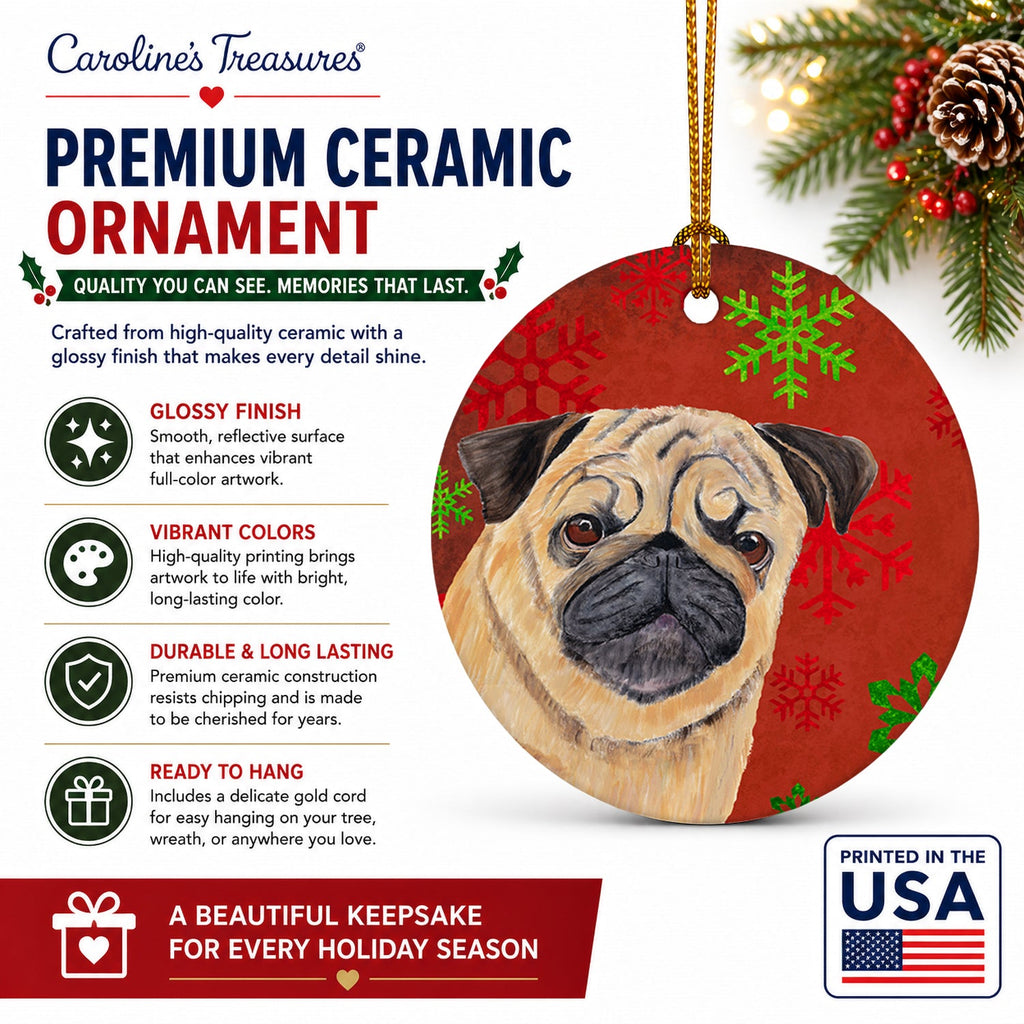 Pug Red and Green Snowflakes Holiday Christmas Ceramic Ornament Christmas Tree Hanging Decorations for Home Christmas Holiday, Party, Gift, 3 in, Multicolor