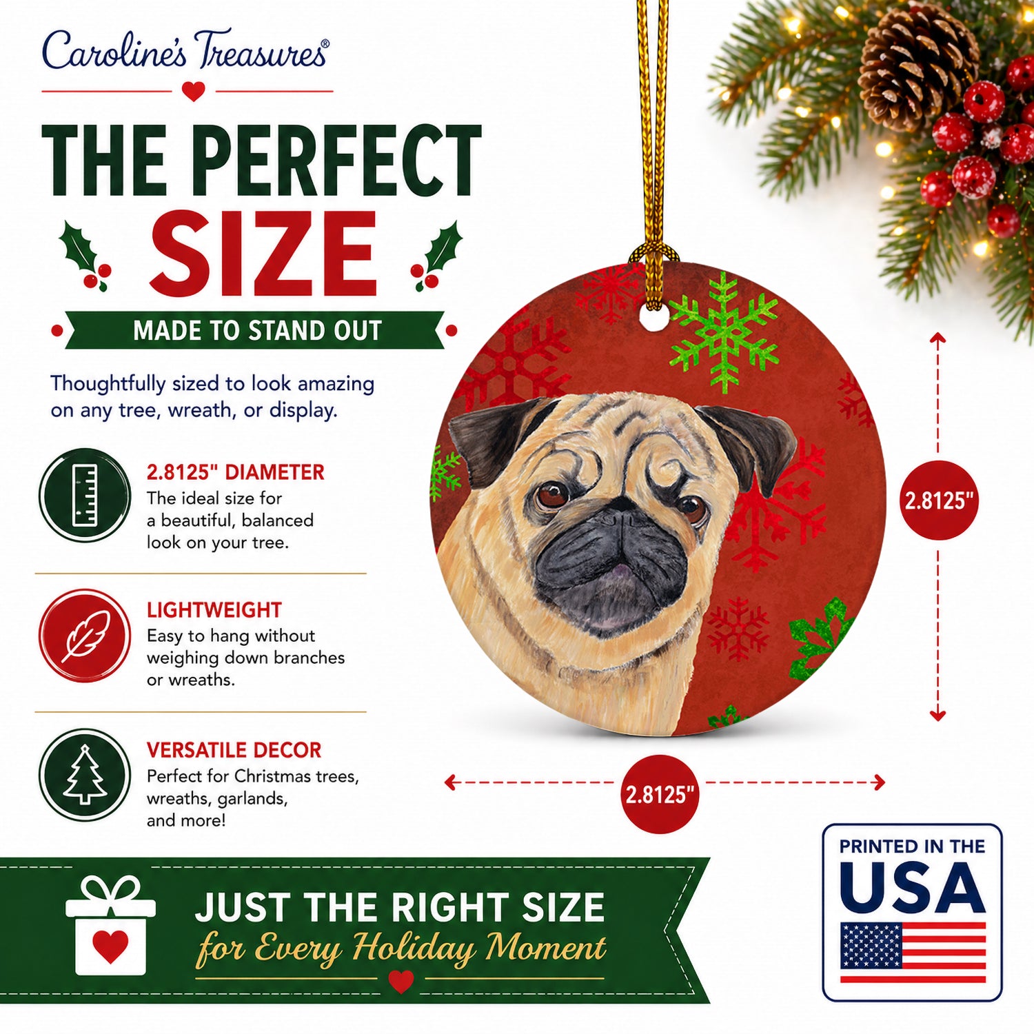 Pug Red and Green Snowflakes Holiday Christmas Ceramic Ornament Christmas Tree Hanging Decorations for Home Christmas Holiday, Party, Gift, 3 in, Multicolor