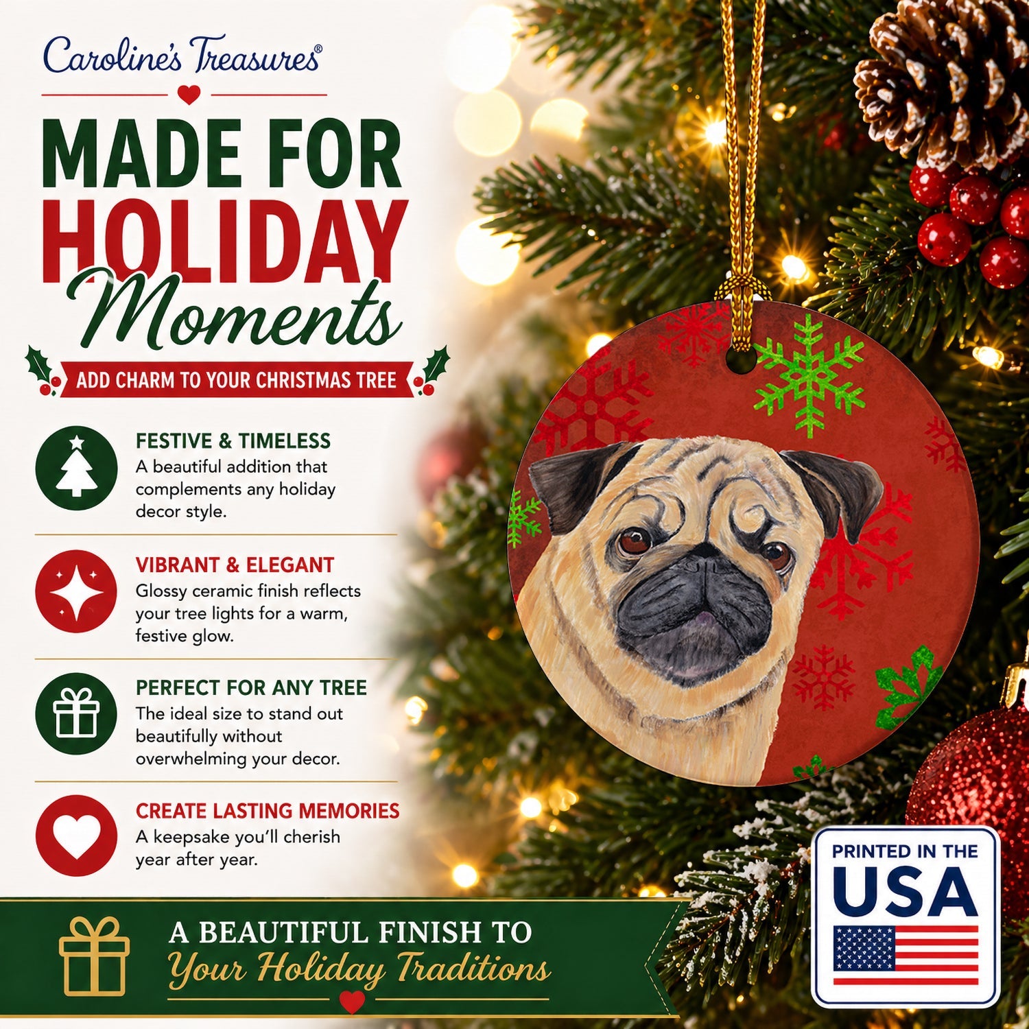 Pug Red and Green Snowflakes Holiday Christmas Ceramic Ornament Christmas Tree Hanging Decorations for Home Christmas Holiday, Party, Gift, 3 in, Multicolor