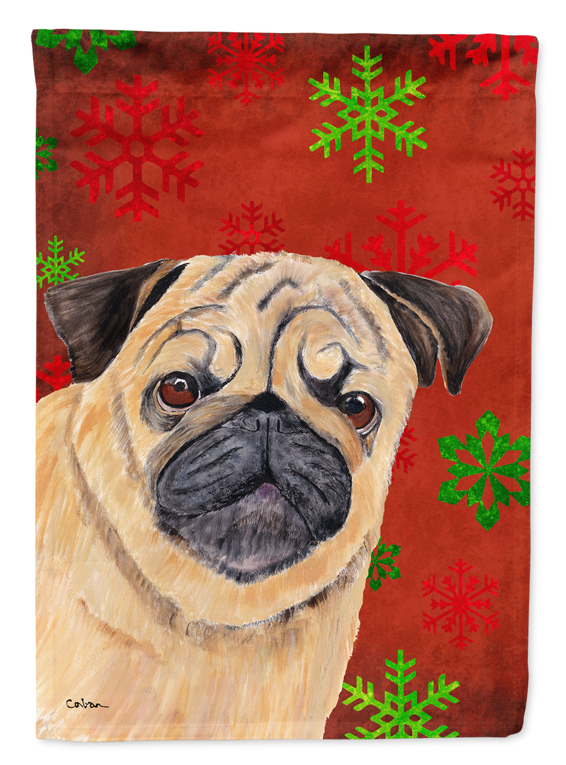 Pug Red and Green Snowflakes Holiday Christmas Garden Flag Mailbox Decorative Yard Banner Outside Patio Artwork for Flower Beds, Garden Size, Multicolor