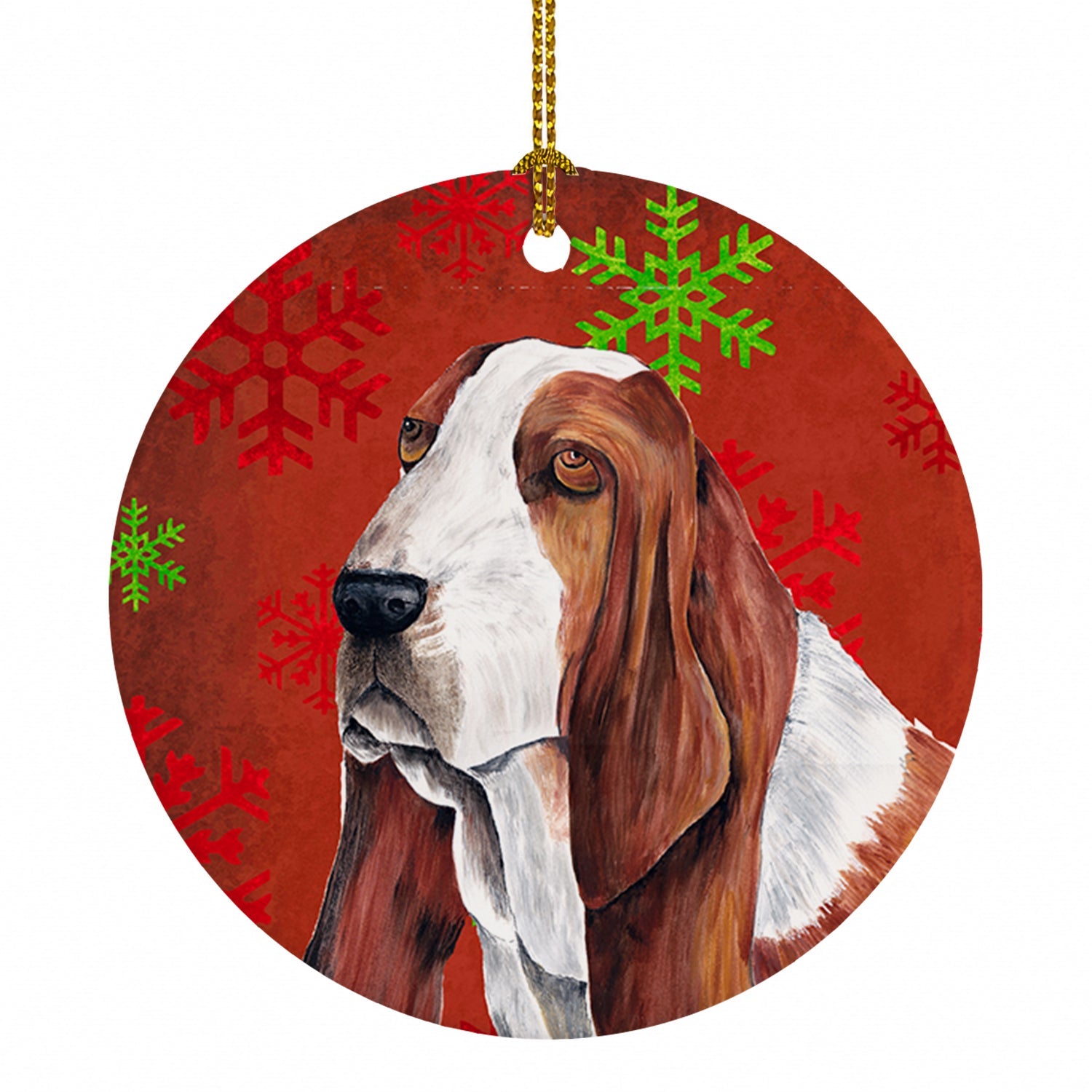 Basset Hound Red and Green Snowflakes Holiday Christmas Ceramic Ornament Christmas Tree Hanging Decorations for Home Christmas Holiday, Party, Gift, 3 in, Multicolor