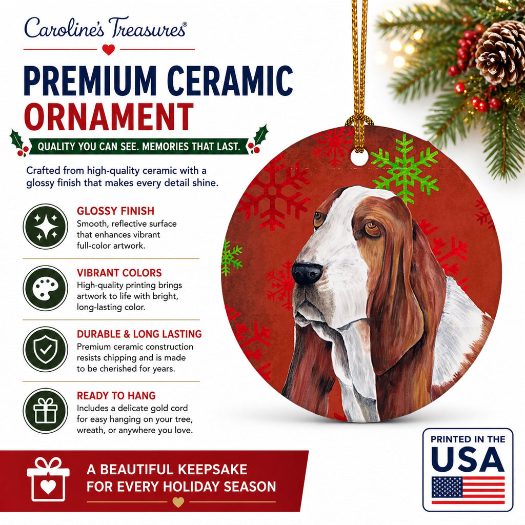 Basset Hound Red and Green Snowflakes Holiday Christmas Ceramic Ornament Christmas Tree Hanging Decorations for Home Christmas Holiday, Party, Gift, 3 in, Multicolor