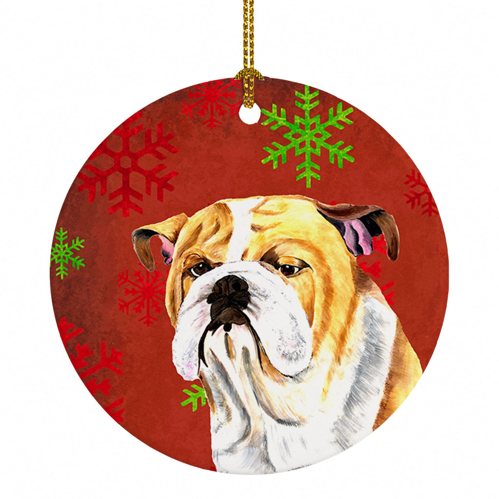 Bulldog English Red and Green Snowflakes Holiday Christmas Ceramic Ornament Christmas Tree Hanging Decorations for Home Christmas Holiday, Party, Gift, 3 in, Multicolor