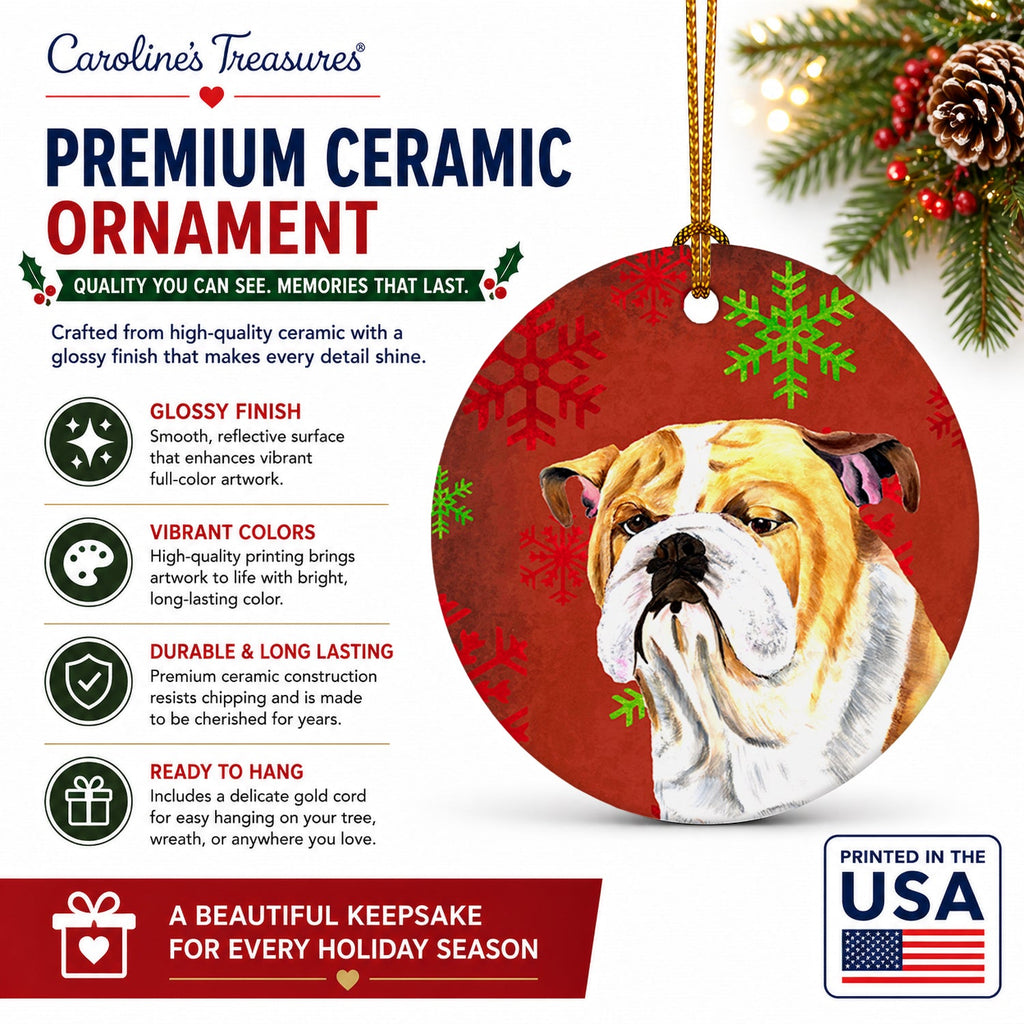 Bulldog English Red and Green Snowflakes Holiday Christmas Ceramic Ornament Christmas Tree Hanging Decorations for Home Christmas Holiday, Party, Gift, 3 in, Multicolor