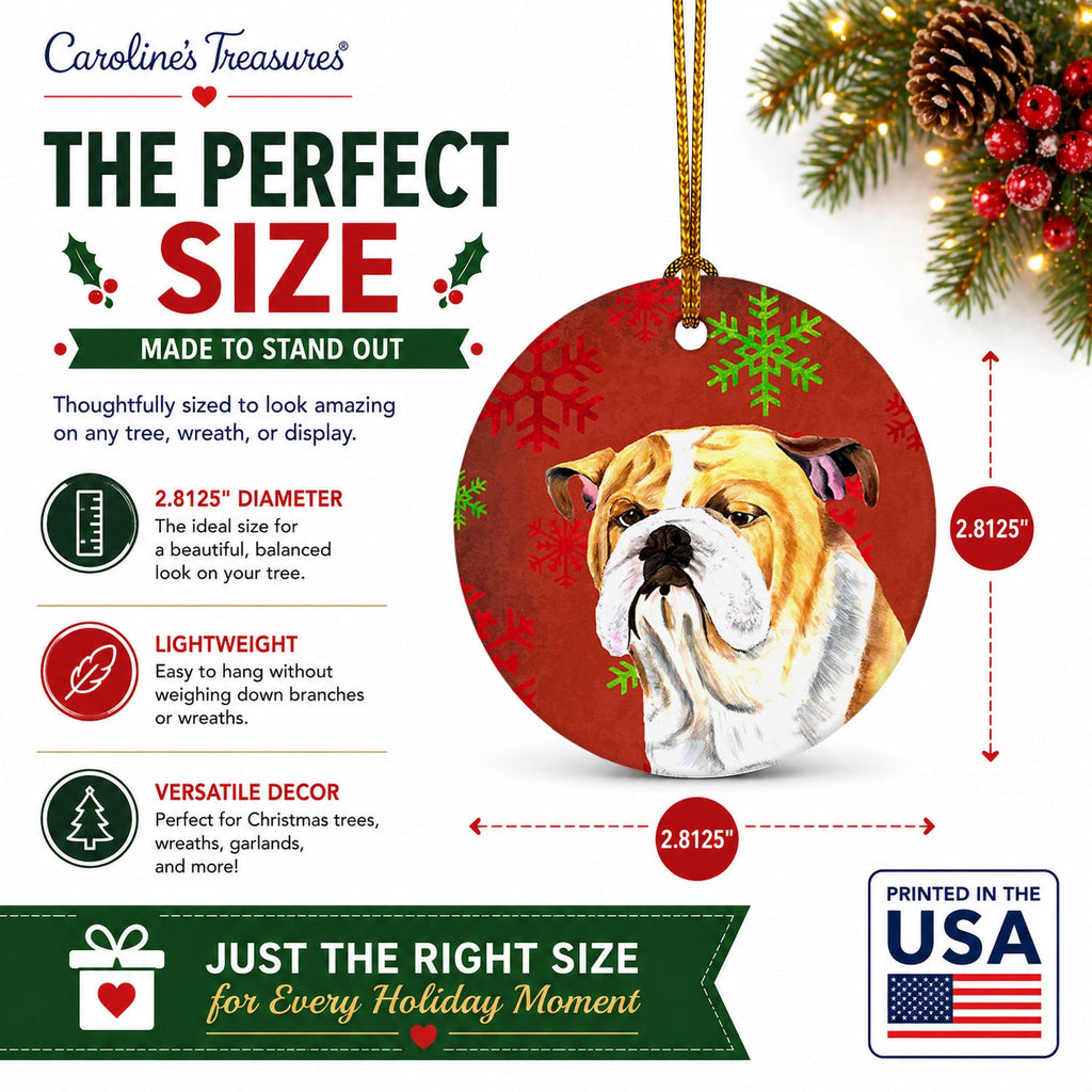 Bulldog English Red and Green Snowflakes Holiday Christmas Ceramic Ornament Christmas Tree Hanging Decorations for Home Christmas Holiday, Party, Gift, 3 in, Multicolor
