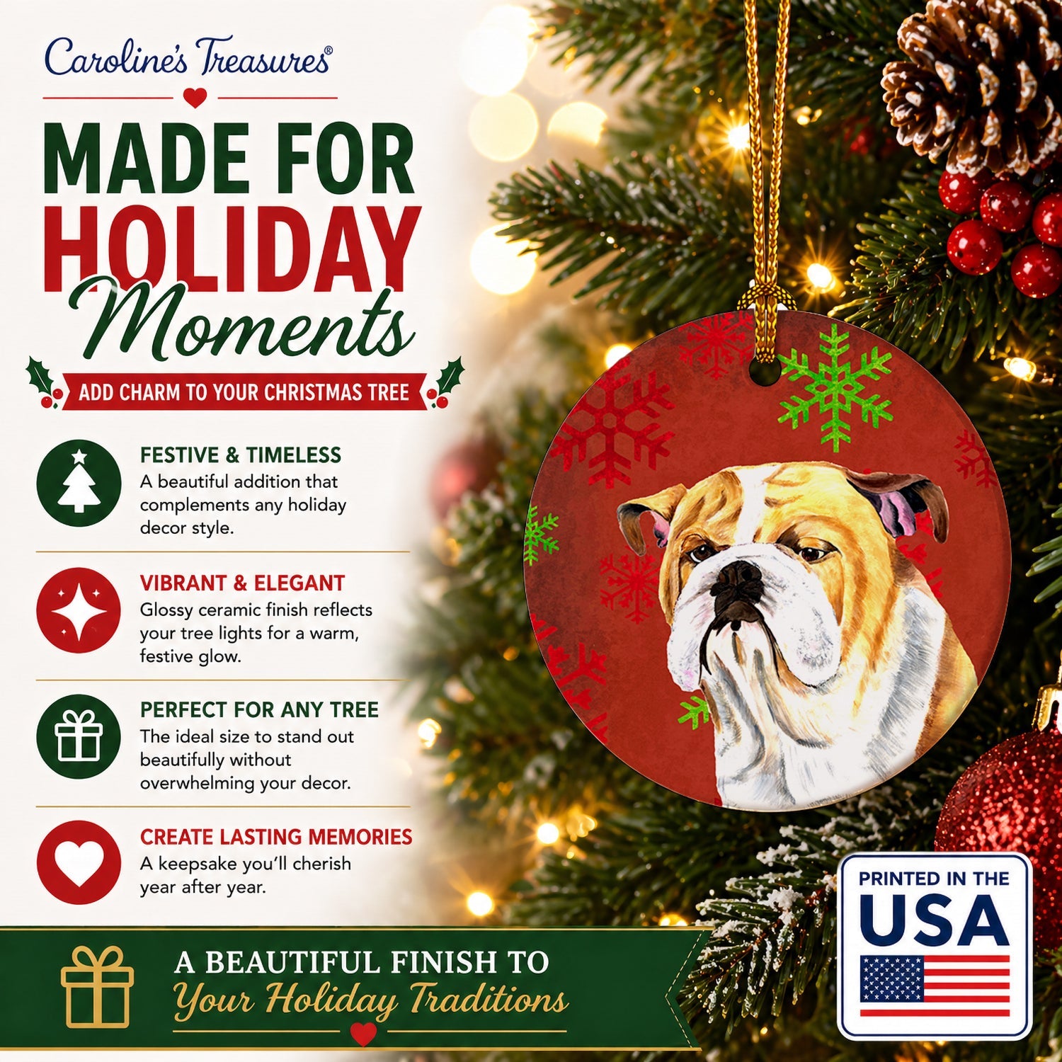 Bulldog English Red and Green Snowflakes Holiday Christmas Ceramic Ornament Christmas Tree Hanging Decorations for Home Christmas Holiday, Party, Gift, 3 in, Multicolor