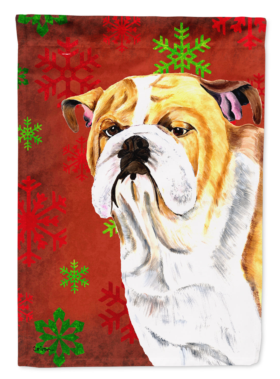 Bulldog English Red and Green Snowflakes Holiday Christmas Garden Flag Mailbox Decorative Yard Banner Outside Patio Artwork for Flower Beds, Garden Size, Multicolor
