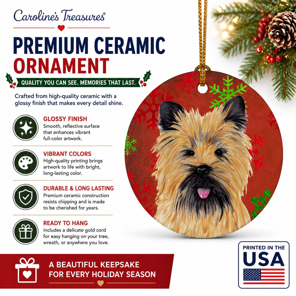 Cairn Terrier Red and Green Snowflakes Holiday Christmas Ceramic Ornament Christmas Tree Hanging Decorations for Home Christmas Holiday, Party, Gift, 3 in, Multicolor
