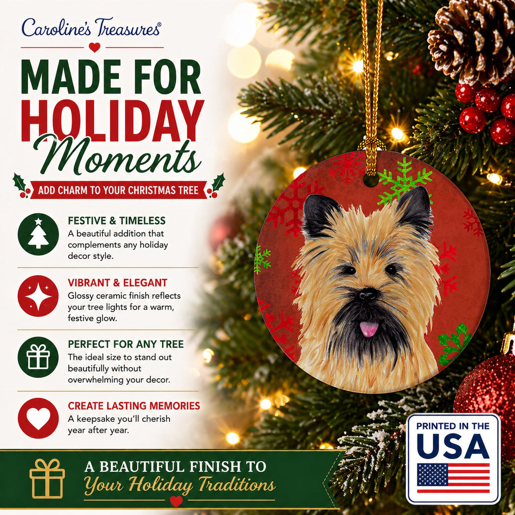 Cairn Terrier Red and Green Snowflakes Holiday Christmas Ceramic Ornament Christmas Tree Hanging Decorations for Home Christmas Holiday, Party, Gift, 3 in, Multicolor