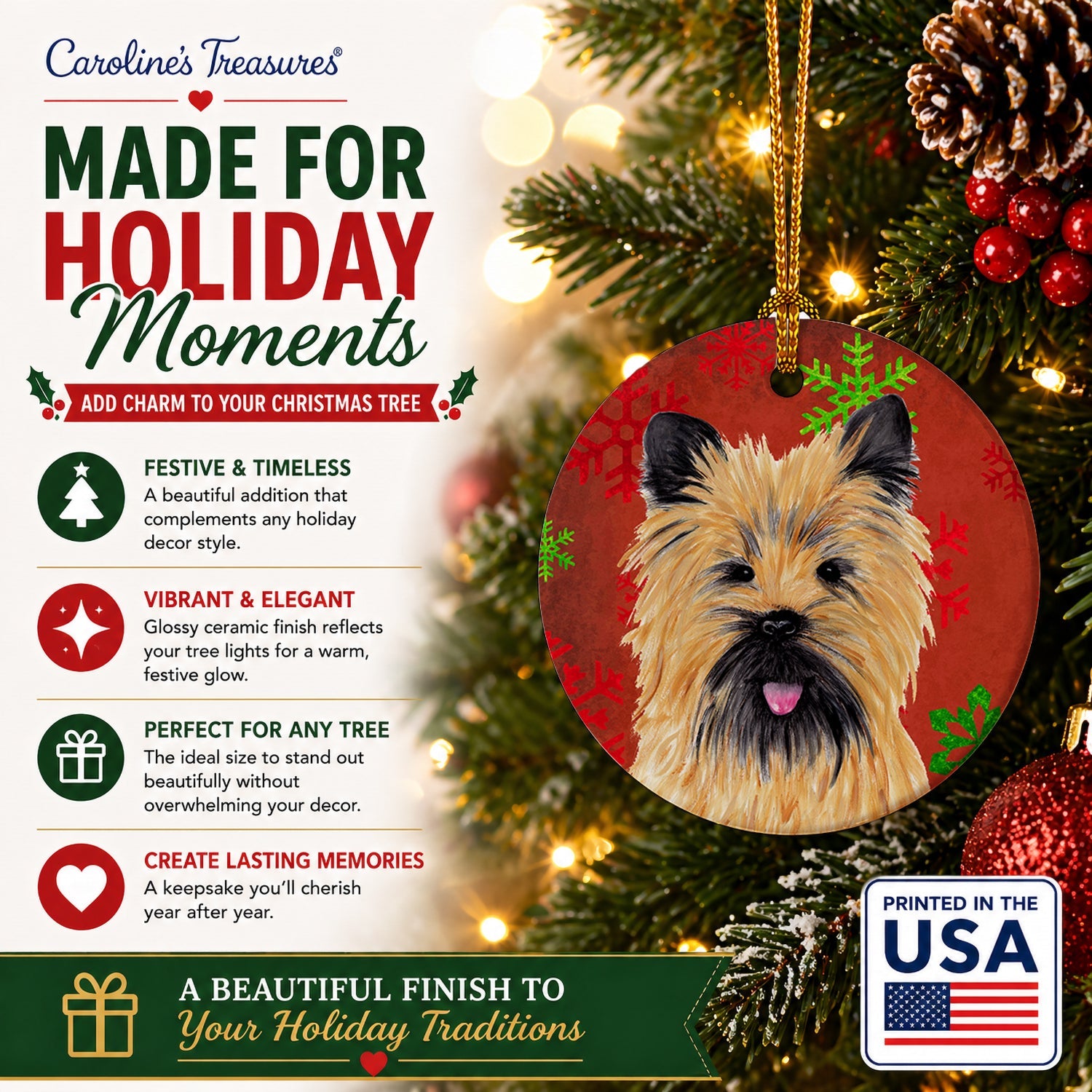 Cairn Terrier Red and Green Snowflakes Holiday Christmas Ceramic Ornament Christmas Tree Hanging Decorations for Home Christmas Holiday, Party, Gift, 3 in, Multicolor