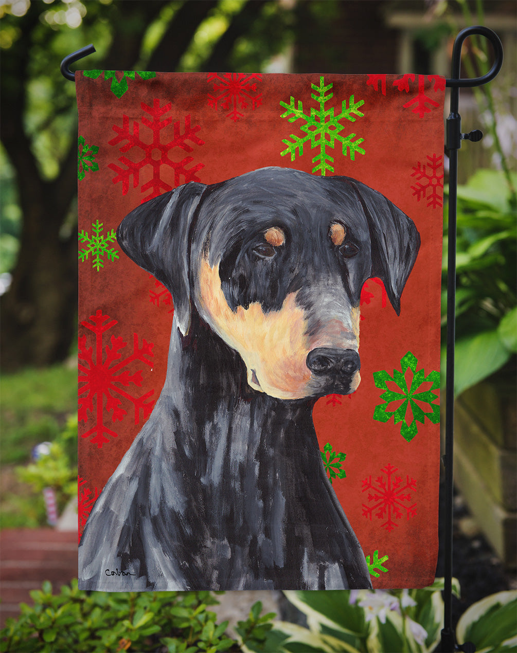 Doberman Red and Green Snowflakes Holiday Christmas Garden Flag Mailbox Decorative Yard Banner Outside Patio Artwork for Flower Beds, Garden Size, Multicolor