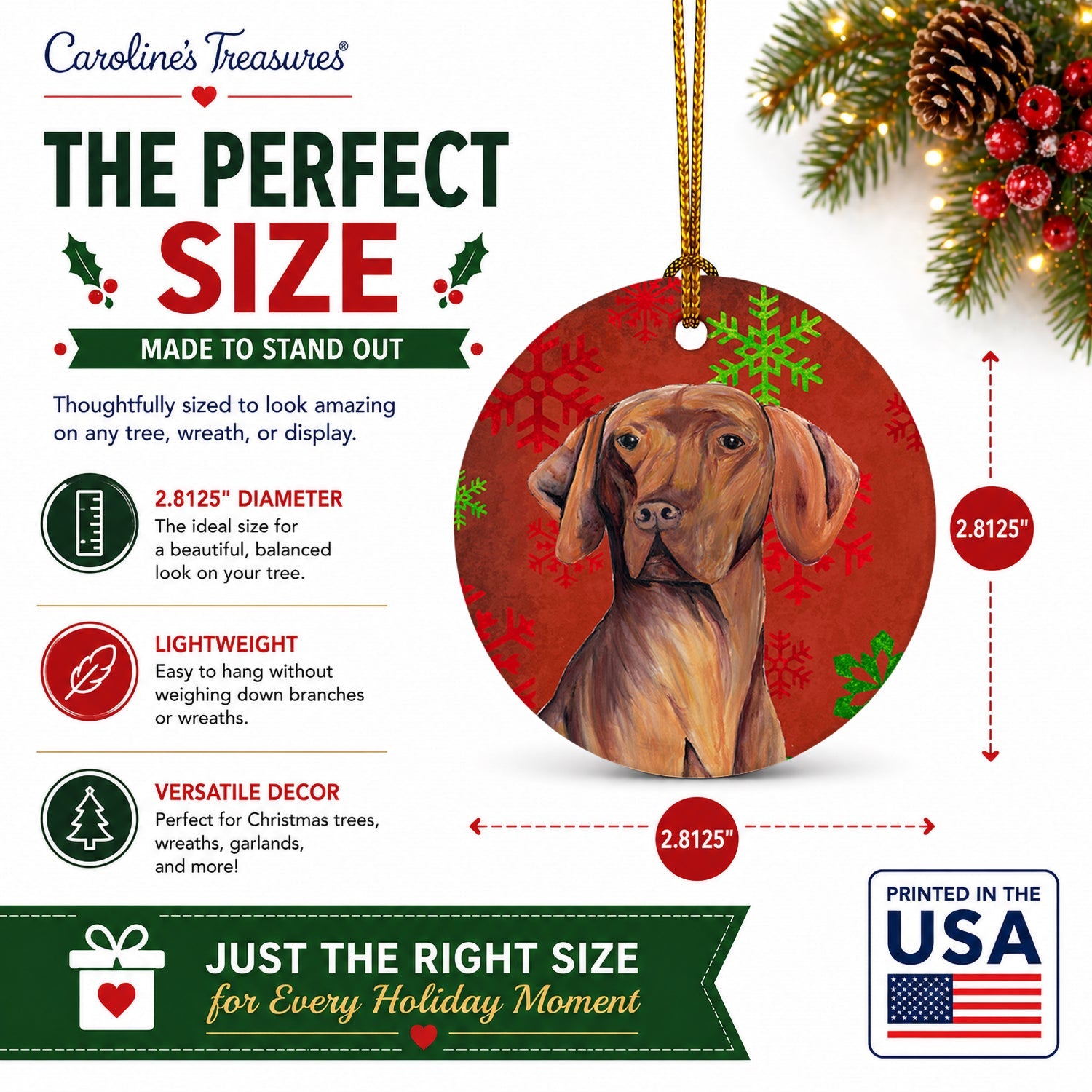 Vizsla Red and Green Snowflakes Holiday Christmas Ceramic Ornament Christmas Tree Hanging Decorations for Home Christmas Holiday, Party, Gift, 3 in, Multicolor