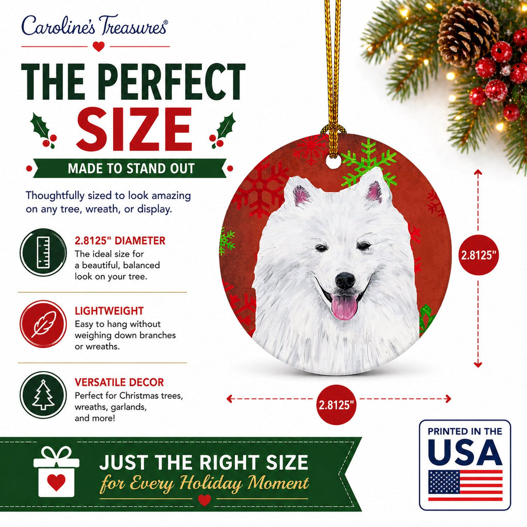 American Eskimo Red and Green Snowflakes Holiday Christmas Ceramic Ornament Christmas Tree Hanging Decorations for Home Christmas Holiday, Party, Gift, 3 in, Multicolor
