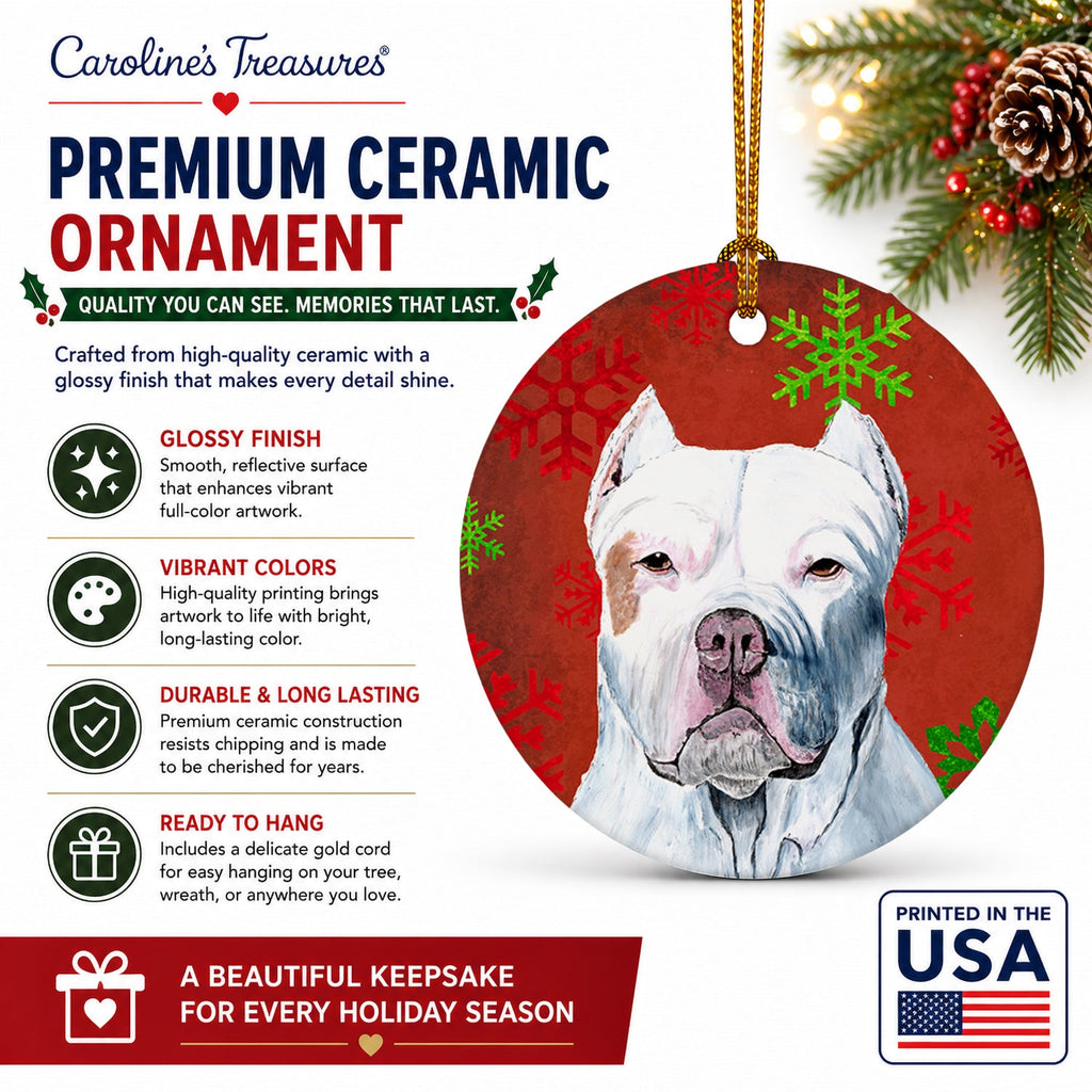 Pit Bull Red and Green Snowflakes Holiday Christmas Ceramic Ornament Christmas Tree Hanging Decorations for Home Christmas Holiday, Party, Gift, 3 in, Multicolor