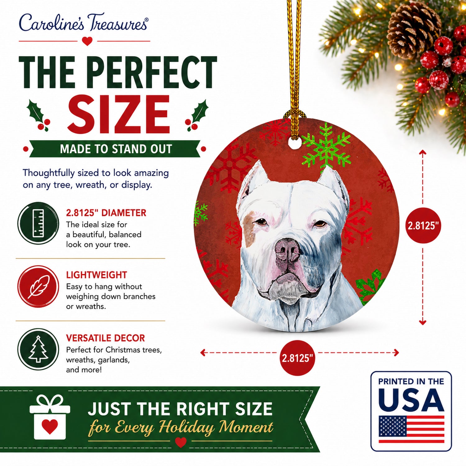 Pit Bull Red and Green Snowflakes Holiday Christmas Ceramic Ornament Christmas Tree Hanging Decorations for Home Christmas Holiday, Party, Gift, 3 in, Multicolor