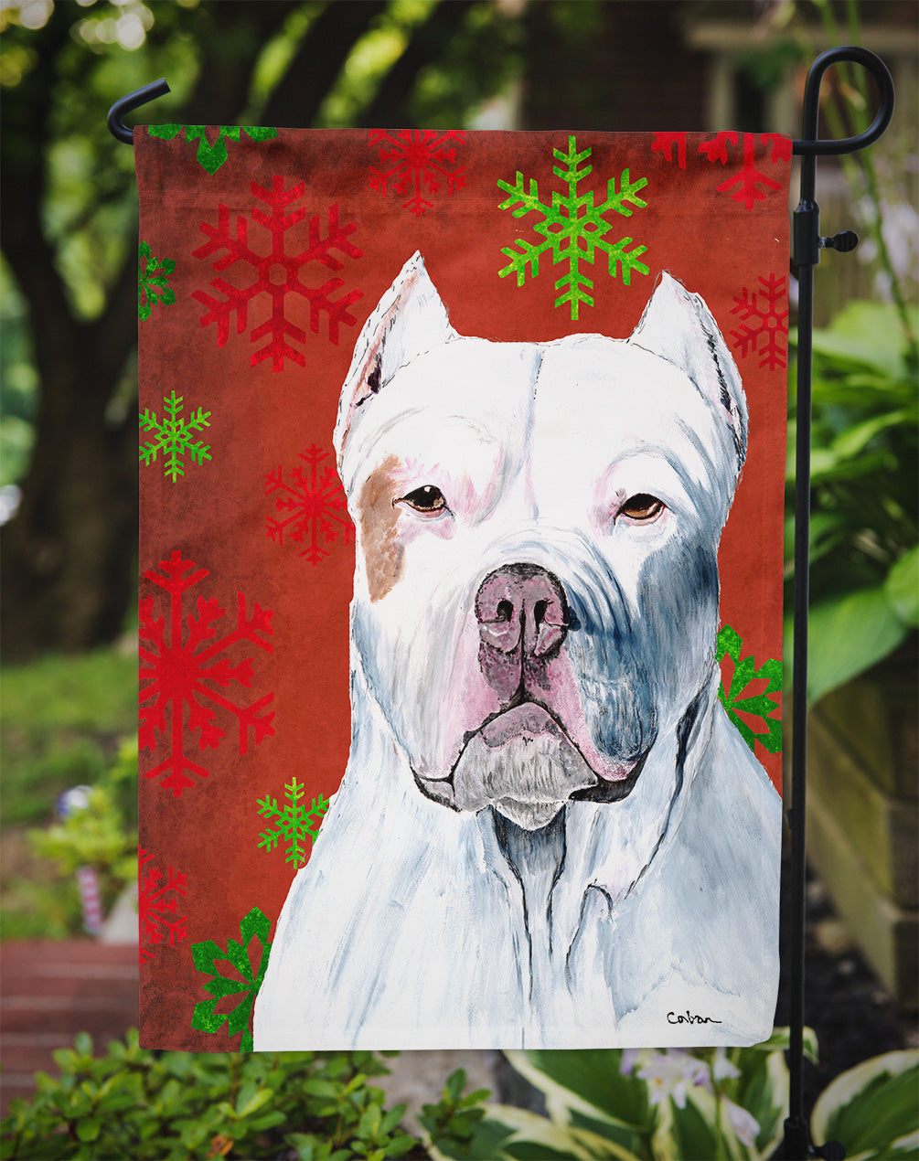 Pit Bull Red and Green Snowflakes Holiday Christmas Garden Flag Mailbox Decorative Yard Banner Outside Patio Artwork for Flower Beds, Garden Size, Multicolor