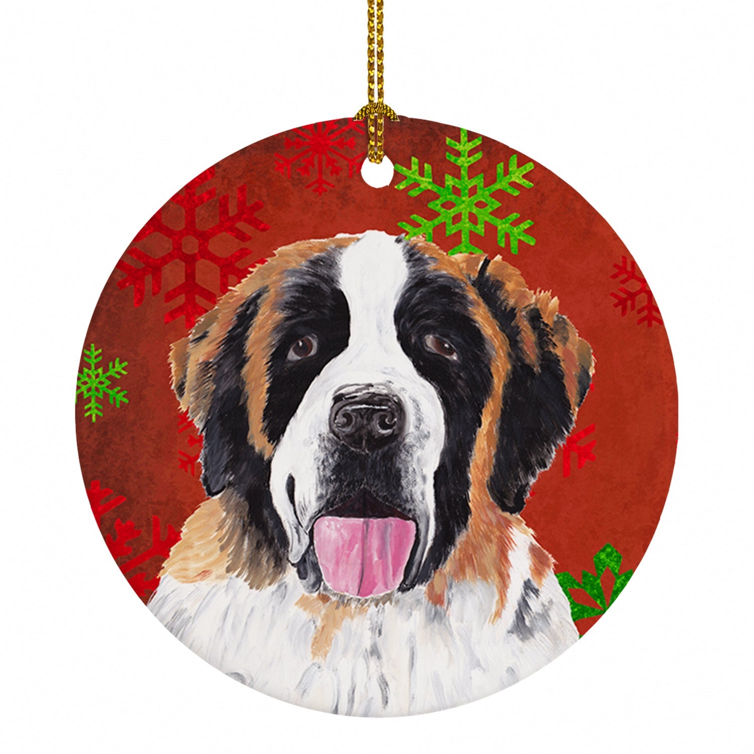 Saint Bernard Red Green Snowflake Christmas Ceramic Ornament Christmas Tree Hanging Decorations for Home Christmas Holiday, Party, Gift, 3 in, Multicolor