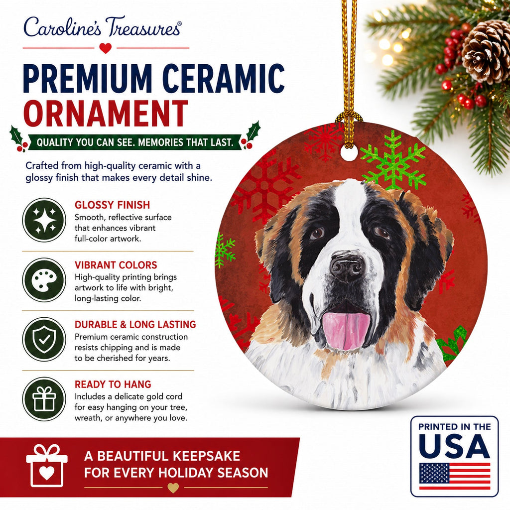 Saint Bernard Red Green Snowflake Christmas Ceramic Ornament Christmas Tree Hanging Decorations for Home Christmas Holiday, Party, Gift, 3 in, Multicolor