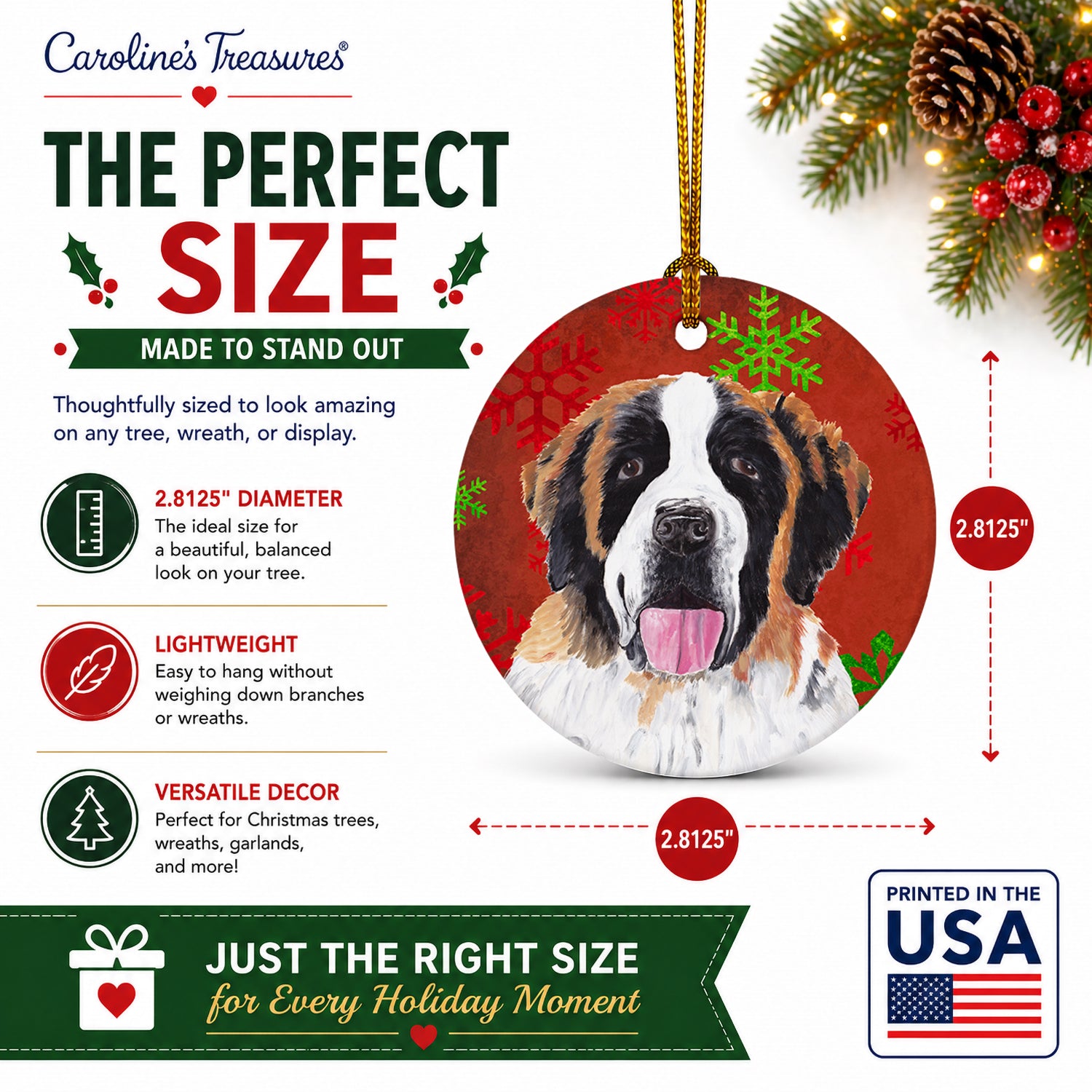 Saint Bernard Red Green Snowflake Christmas Ceramic Ornament Christmas Tree Hanging Decorations for Home Christmas Holiday, Party, Gift, 3 in, Multicolor