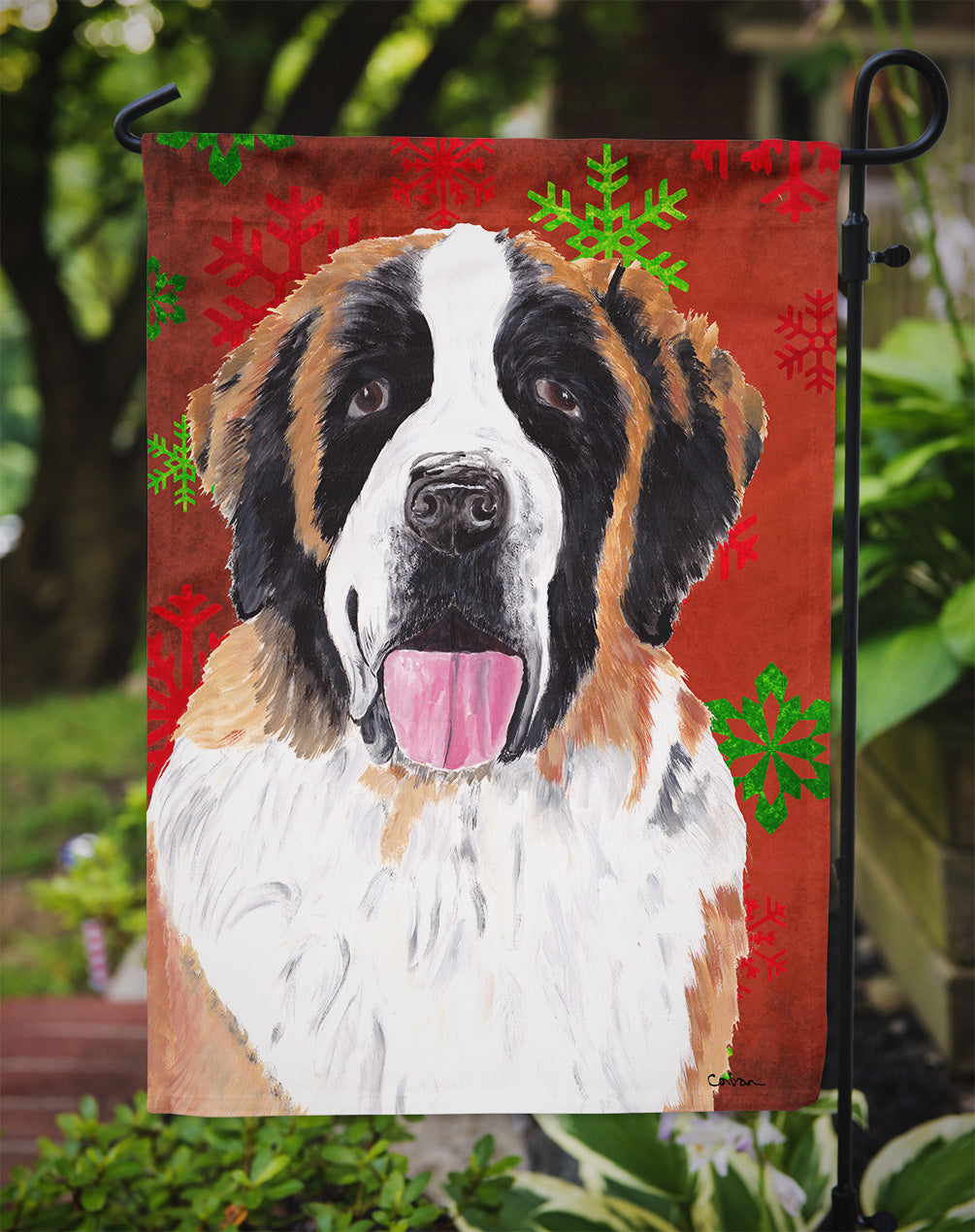 Saint Bernard Red Green Snowflake Christmas Garden Flag Mailbox Decorative Yard Banner Outside Patio Artwork for Flower Beds, Garden Size, Multicolor
