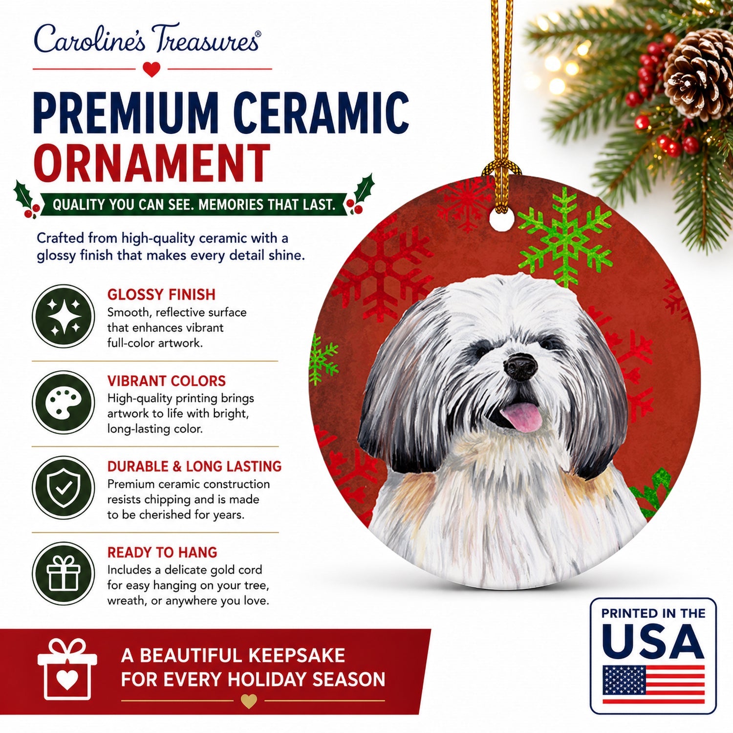 Shih Tzu Red and Green Snowflakes Holiday Christmas Ceramic Ornament Christmas Tree Hanging Decorations for Home Christmas Holiday, Party, Gift, 3 in, Multicolor