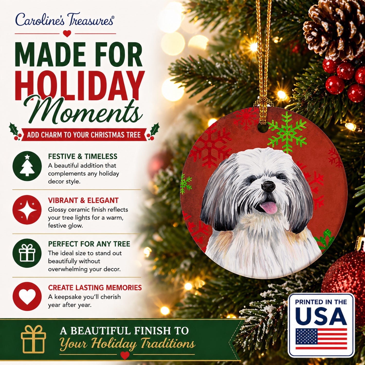 Shih Tzu Red and Green Snowflakes Holiday Christmas Ceramic Ornament Christmas Tree Hanging Decorations for Home Christmas Holiday, Party, Gift, 3 in, Multicolor