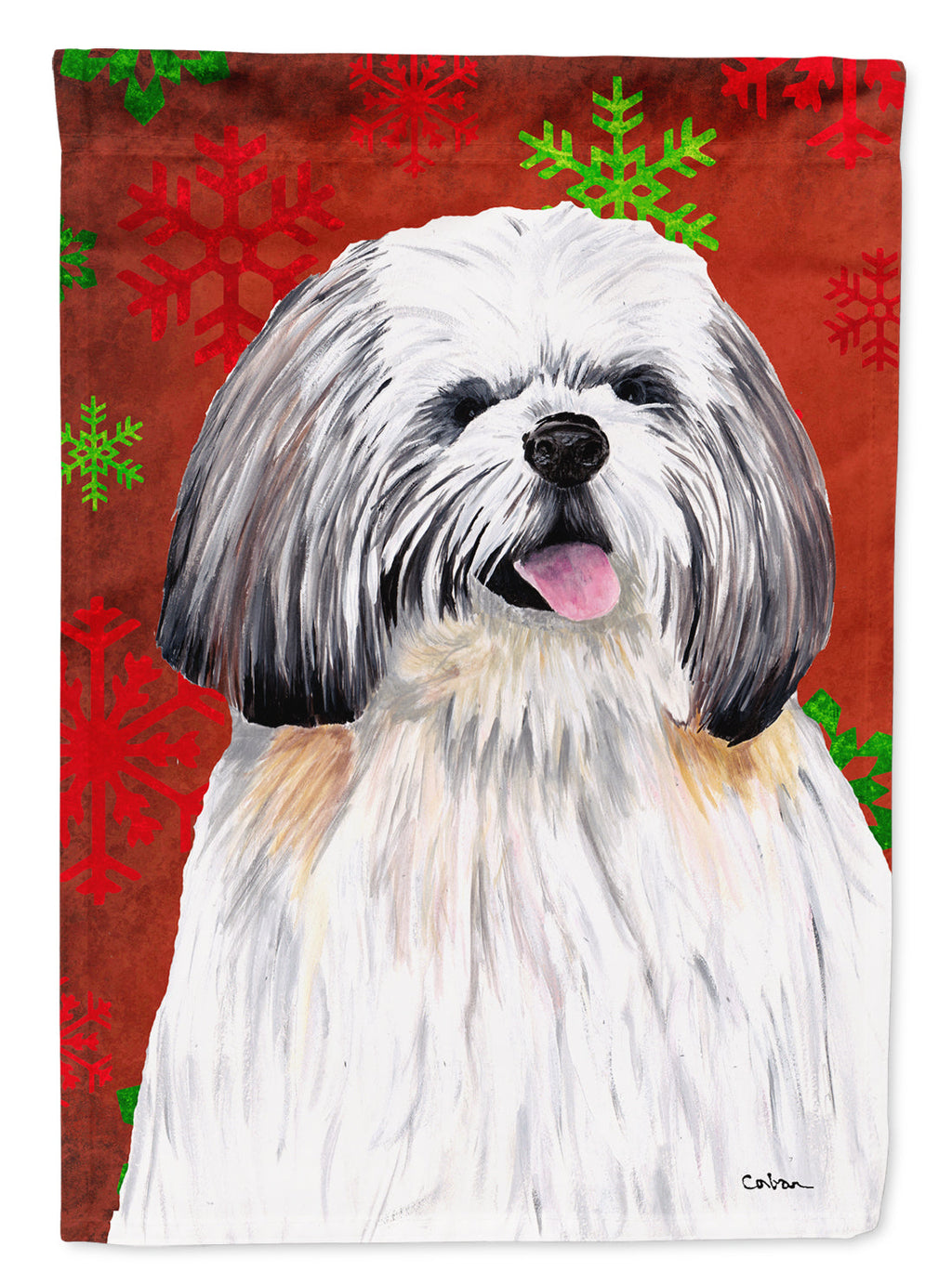 Shih Tzu Red and Green Snowflakes Holiday Christmas Garden Flag Mailbox Decorative Yard Banner Outside Patio Artwork for Flower Beds, Garden Size, Multicolor
