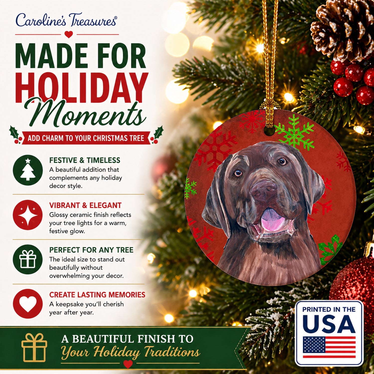 Labrador Red and Green Snowflakes Holiday Christmas Ceramic Ornament Christmas Tree Hanging Decorations for Home Christmas Holiday, Party, Gift, 3 in, Multicolor