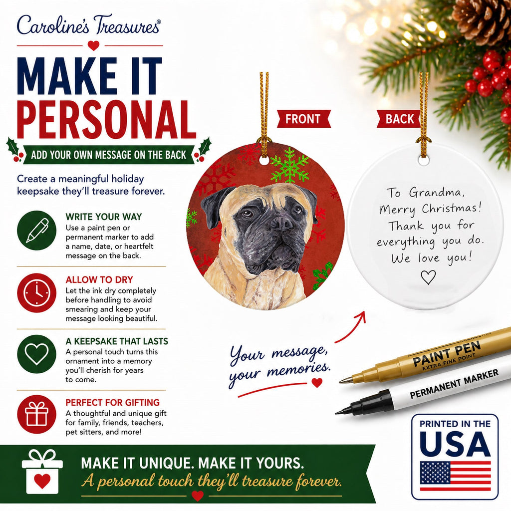 Mastiff Red and Green Snowflakes Holiday Christmas Ceramic Ornament Christmas Tree Hanging Decorations for Home Christmas Holiday, Party, Gift, 3 in, Multicolor