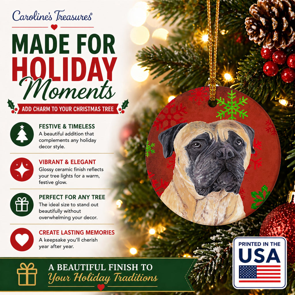 Mastiff Red and Green Snowflakes Holiday Christmas Ceramic Ornament Christmas Tree Hanging Decorations for Home Christmas Holiday, Party, Gift, 3 in, Multicolor