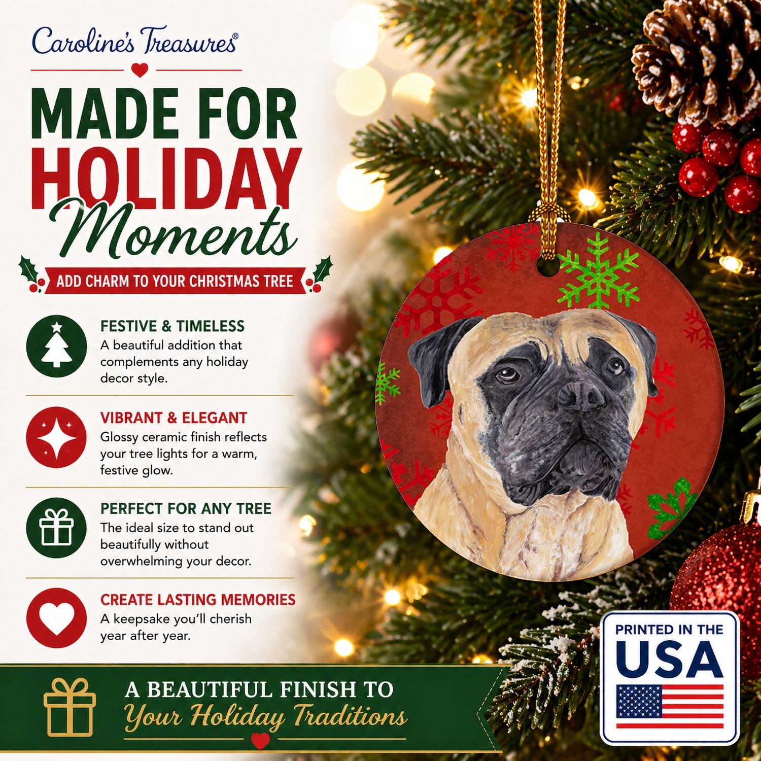 Mastiff Red and Green Snowflakes Holiday Christmas Ceramic Ornament Christmas Tree Hanging Decorations for Home Christmas Holiday, Party, Gift, 3 in, Multicolor