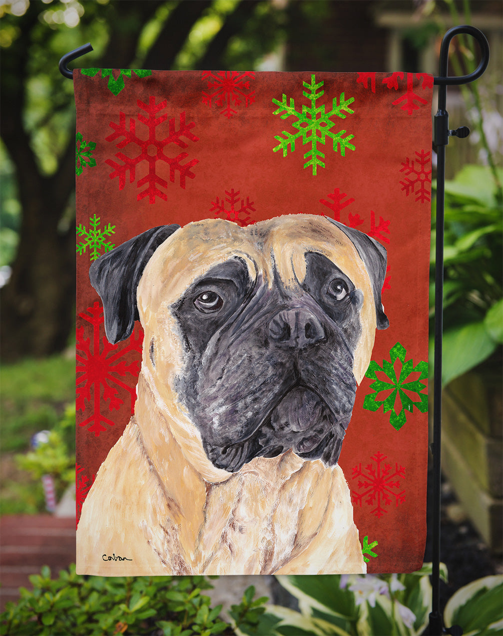 Mastiff Red and Green Snowflakes Holiday Christmas Garden Flag Mailbox Decorative Yard Banner Outside Patio Artwork for Flower Beds, Garden Size, Multicolor