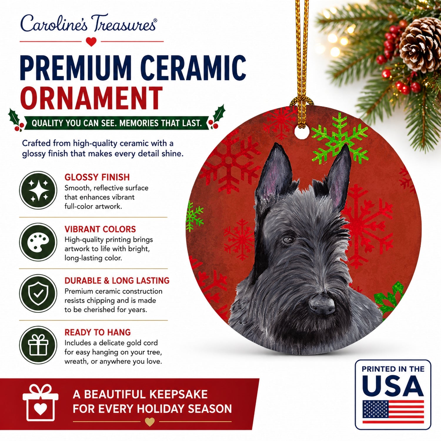 Scottish Terrier Red and Green Snowflakes Holiday Christmas Ceramic Ornament Christmas Tree Hanging Decorations for Home Christmas Holiday, Party, Gift, 3 in, Multicolor