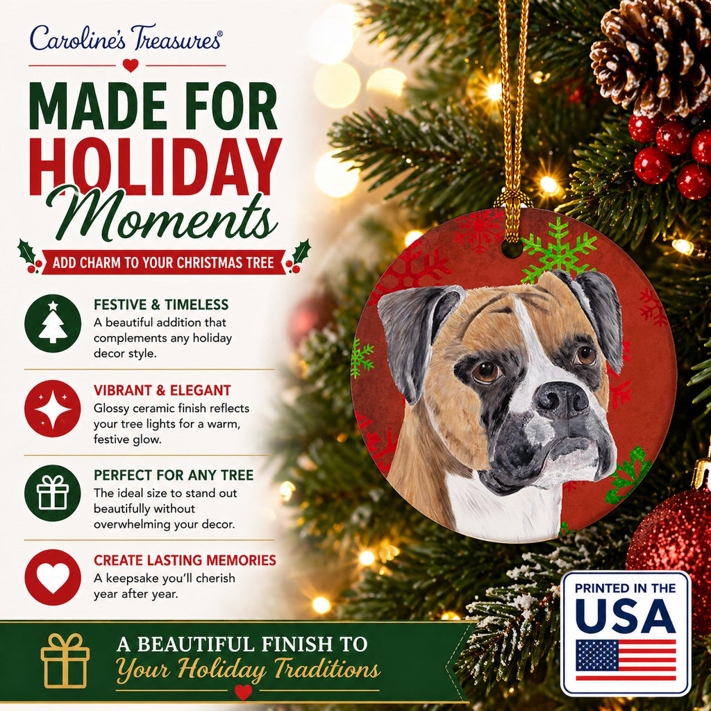 Boxer Red and Green Snowflakes Holiday Christmas Ceramic Ornament Christmas Tree Hanging Decorations for Home Christmas Holiday, Party, Gift, 3 in, Multicolor