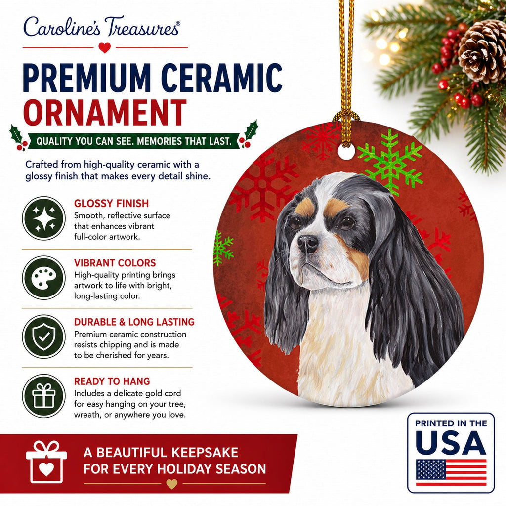 Cavalier Spaniel Red and Green Snowflakes Holiday Christmas Ceramic Ornament Christmas Tree Hanging Decorations for Home Christmas Holiday, Party, Gift, 3 in, Multicolor