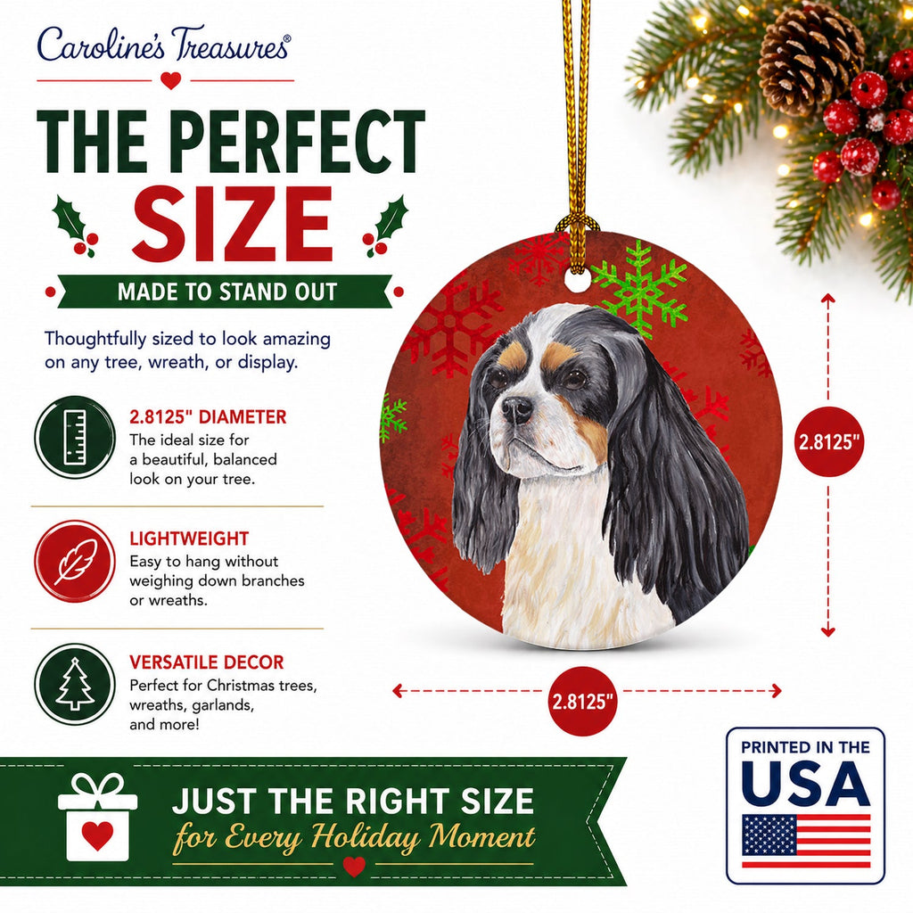 Cavalier Spaniel Red and Green Snowflakes Holiday Christmas Ceramic Ornament Christmas Tree Hanging Decorations for Home Christmas Holiday, Party, Gift, 3 in, Multicolor