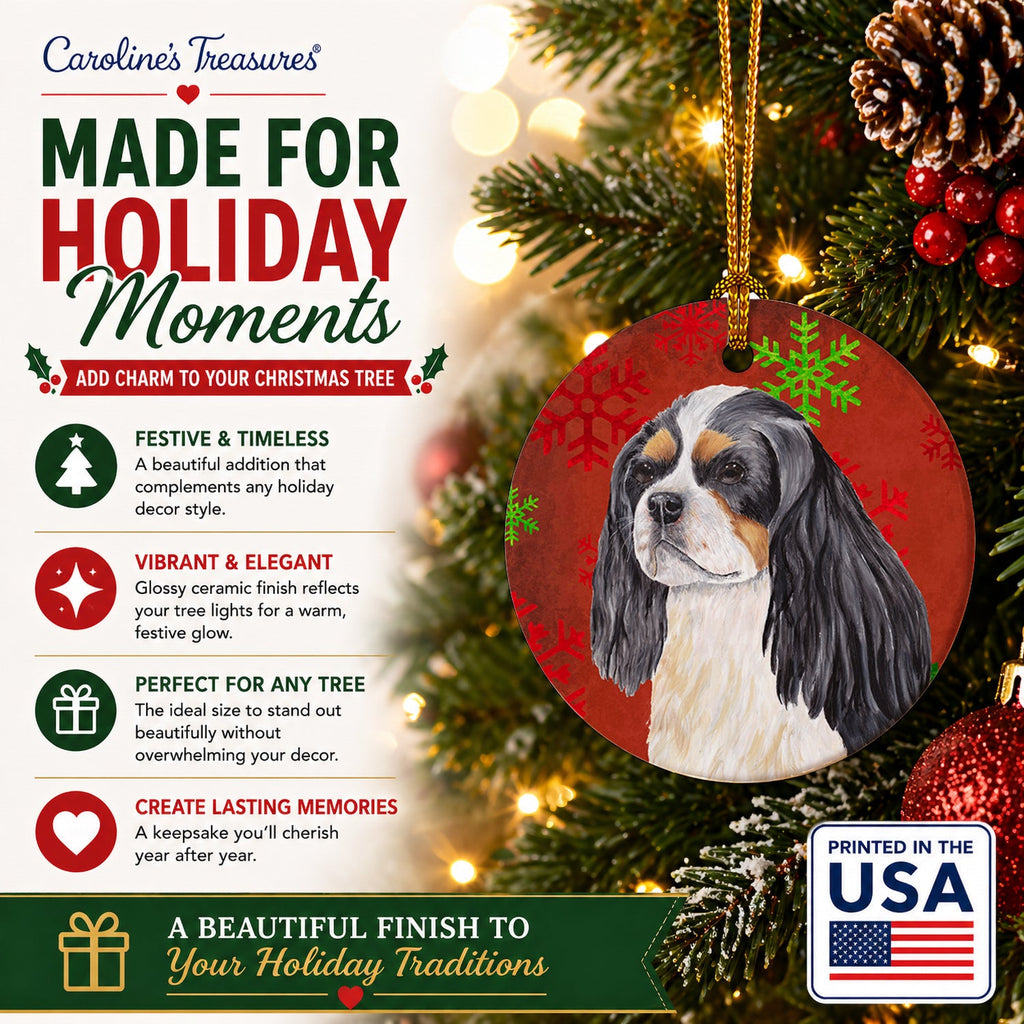 Cavalier Spaniel Red and Green Snowflakes Holiday Christmas Ceramic Ornament Christmas Tree Hanging Decorations for Home Christmas Holiday, Party, Gift, 3 in, Multicolor