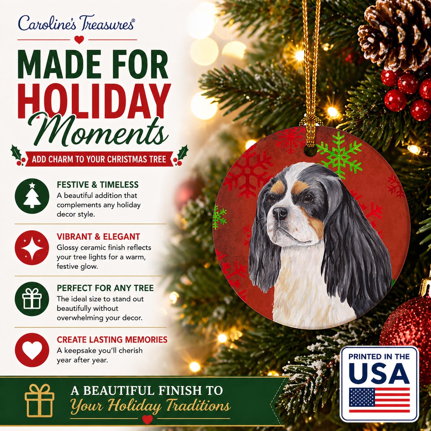 Cavalier Spaniel Red and Green Snowflakes Holiday Christmas Ceramic Ornament Christmas Tree Hanging Decorations for Home Christmas Holiday, Party, Gift, 3 in, Multicolor