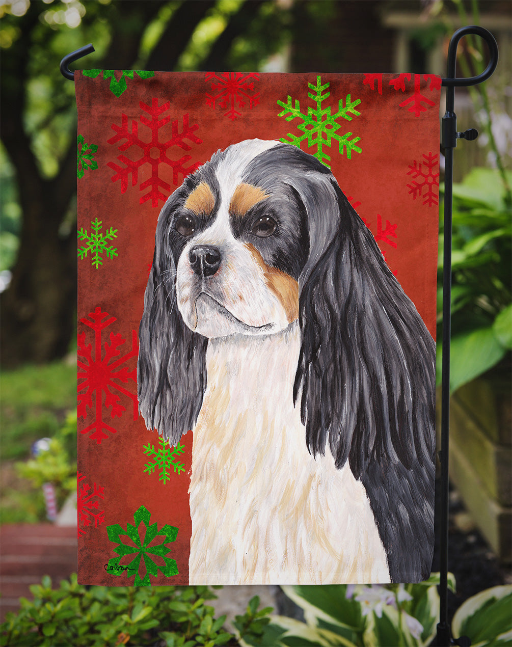 Cavalier Spaniel Red and Green Snowflakes Holiday Christmas Garden Flag Mailbox Decorative Yard Banner Outside Patio Artwork for Flower Beds, Garden Size, Multicolor