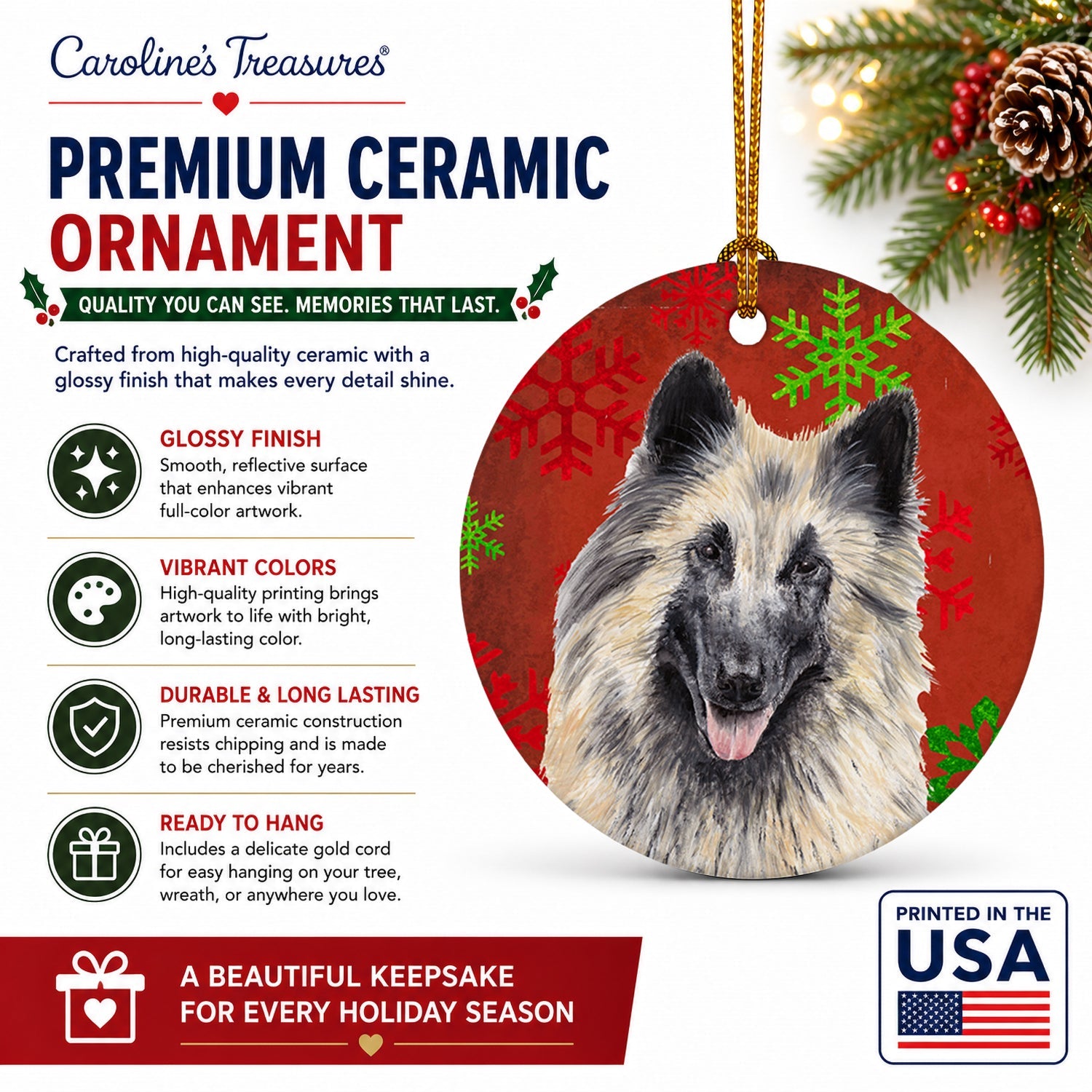 Belgian Tervuren Red and Green Snowflakes Holiday Christmas Ceramic Ornament Christmas Tree Hanging Decorations for Home Christmas Holiday, Party, Gift, 3 in, Multicolor
