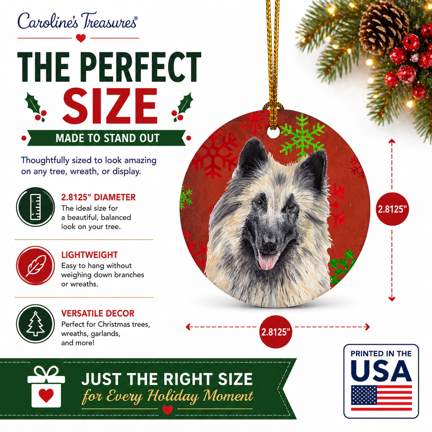 Belgian Tervuren Red and Green Snowflakes Holiday Christmas Ceramic Ornament Christmas Tree Hanging Decorations for Home Christmas Holiday, Party, Gift, 3 in, Multicolor