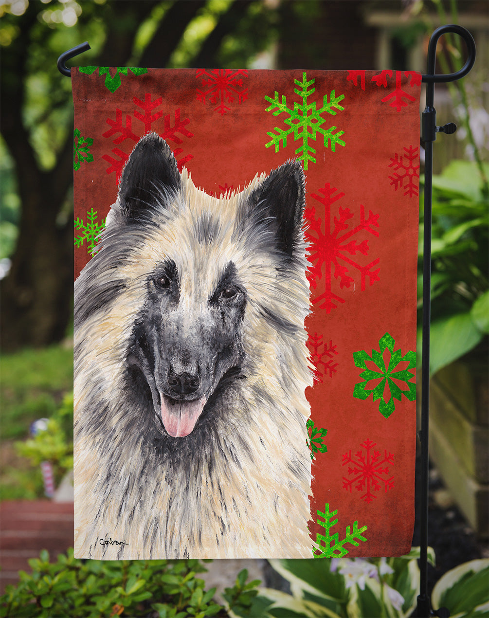 Belgian Tervuren Red and Green Snowflakes Holiday Christmas Garden Flag Mailbox Decorative Yard Banner Outside Patio Artwork for Flower Beds, Garden Size, Multicolor