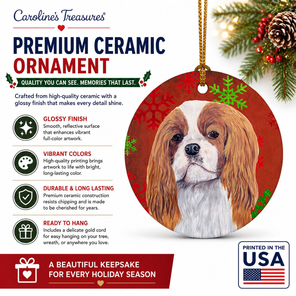 Cavalier Spaniel Red and Green Snowflakes Holiday Christmas Ceramic Ornament Christmas Tree Hanging Decorations for Home Christmas Holiday, Party, Gift, 3 in, Multicolor