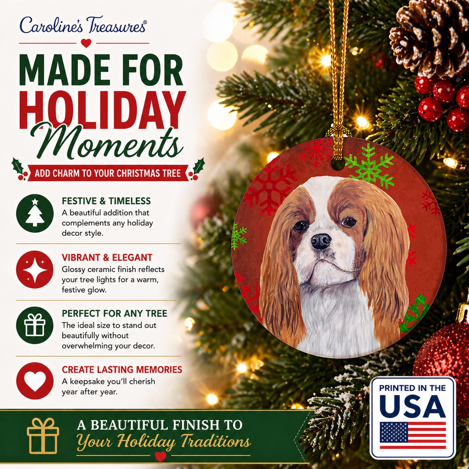 Cavalier Spaniel Red and Green Snowflakes Holiday Christmas Ceramic Ornament Christmas Tree Hanging Decorations for Home Christmas Holiday, Party, Gift, 3 in, Multicolor