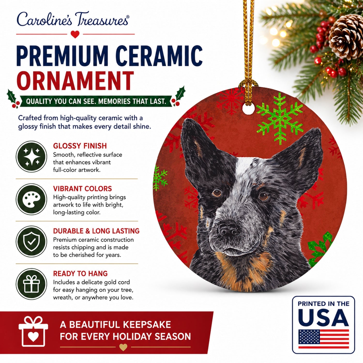 Australian Cattle Dog Red Green Snowflakes Christmas Ceramic Ornament Christmas Tree Hanging Decorations for Home Christmas Holiday, Party, Gift, 3 in, Multicolor