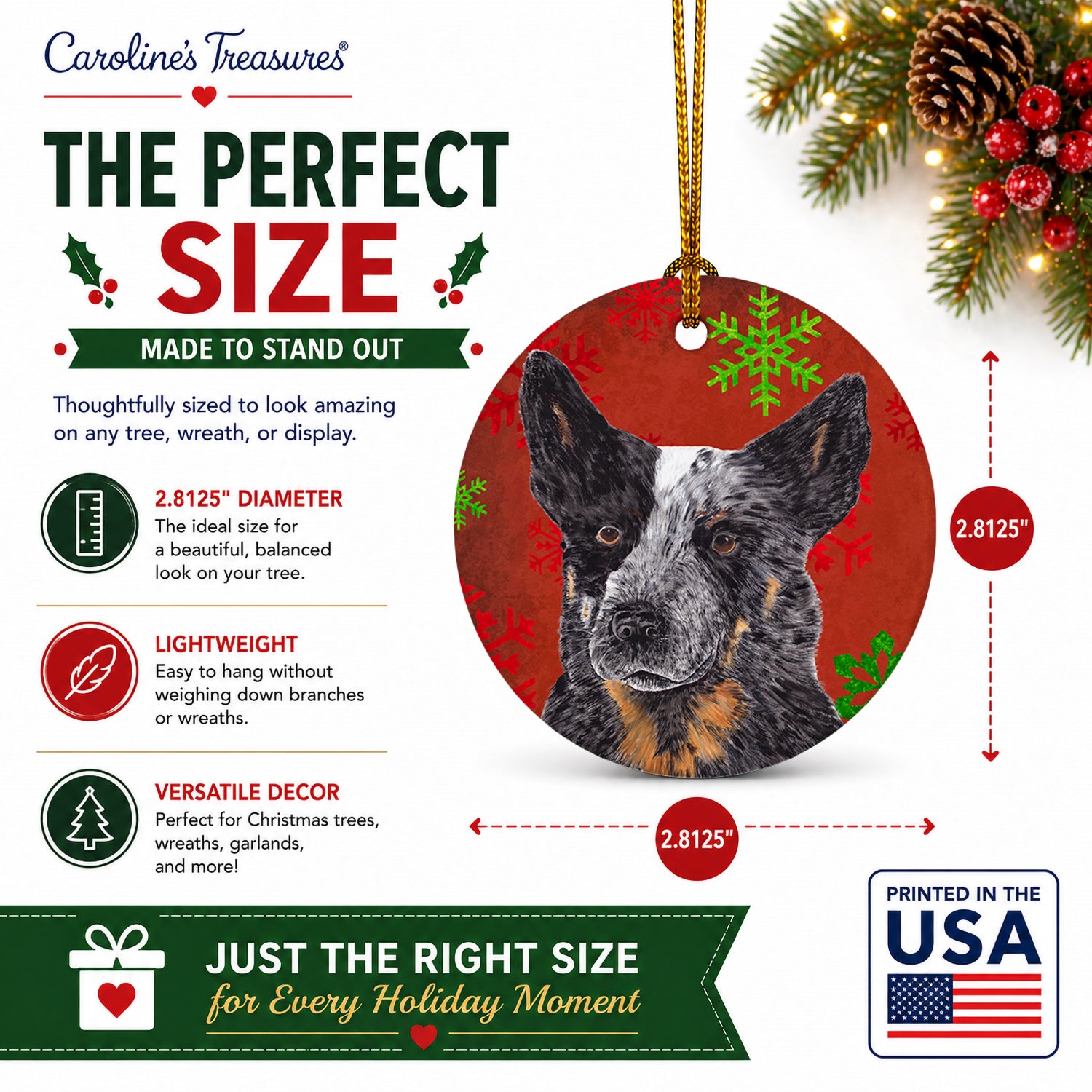 Australian Cattle Dog Red Green Snowflakes Christmas Ceramic Ornament Christmas Tree Hanging Decorations for Home Christmas Holiday, Party, Gift, 3 in, Multicolor